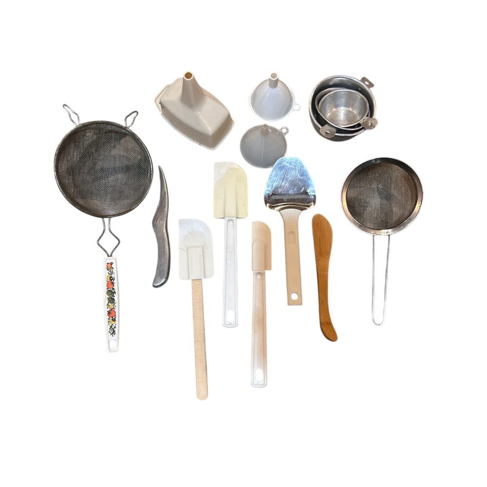 Vintage Lot 14 Pieces MCM Kitchen Utensil Set April Strainer Measuring Funnel
